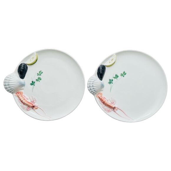 Seafood Plate 3D Shell & Shrimp Design C.C. Art Italy Handpainted Ceramic/ 2 Set - Picture 1 of 8